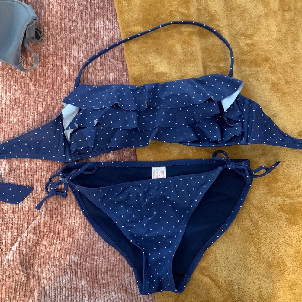 Blue polka dot ruffled bikini